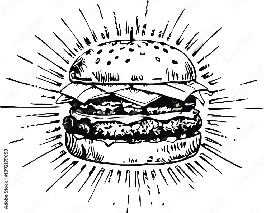 Obraz premium Delicious Juicy Burger Sketch Fast Food, Bun, Patty, Cheese