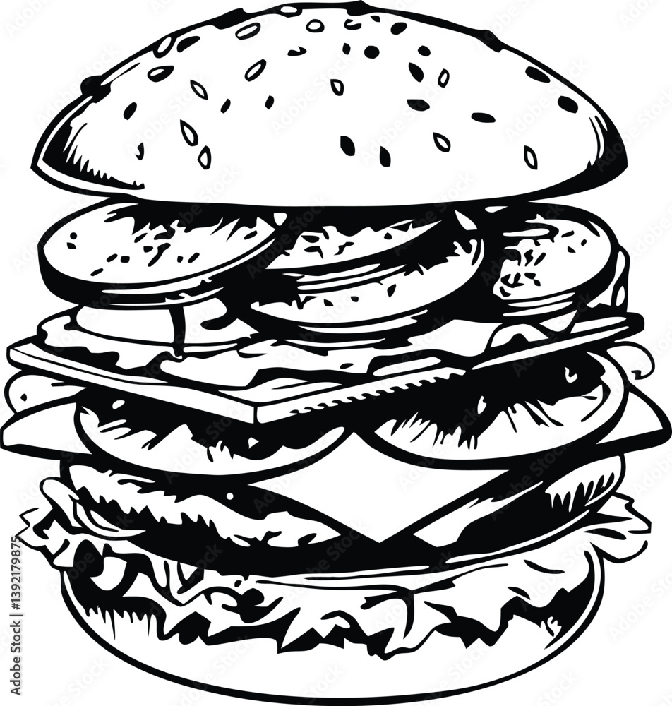 Juicy Delicious Big Burger Sesame Bun, Veggies, Cheese Juicy Delicious Big Burger Sesame Bun, Veggies, Cheese