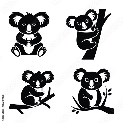 Photography Set of koalas silhouette in Various Poses. vector illustration.