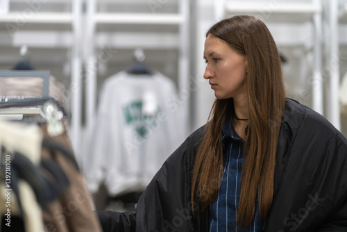 Obraz na płótnie Young stylish woman choosing clothes, shopping in a fashion store, standing near clothes rack, examining garment, making purchasing decision w salonie