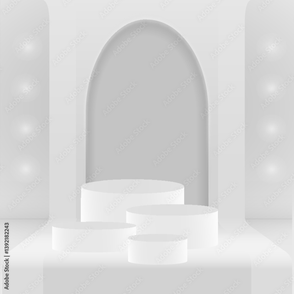 Fototapeta premium 3d white podium. Pastel background. Vector geometric forms. Pedestal, studio display, showcase, mockup scene