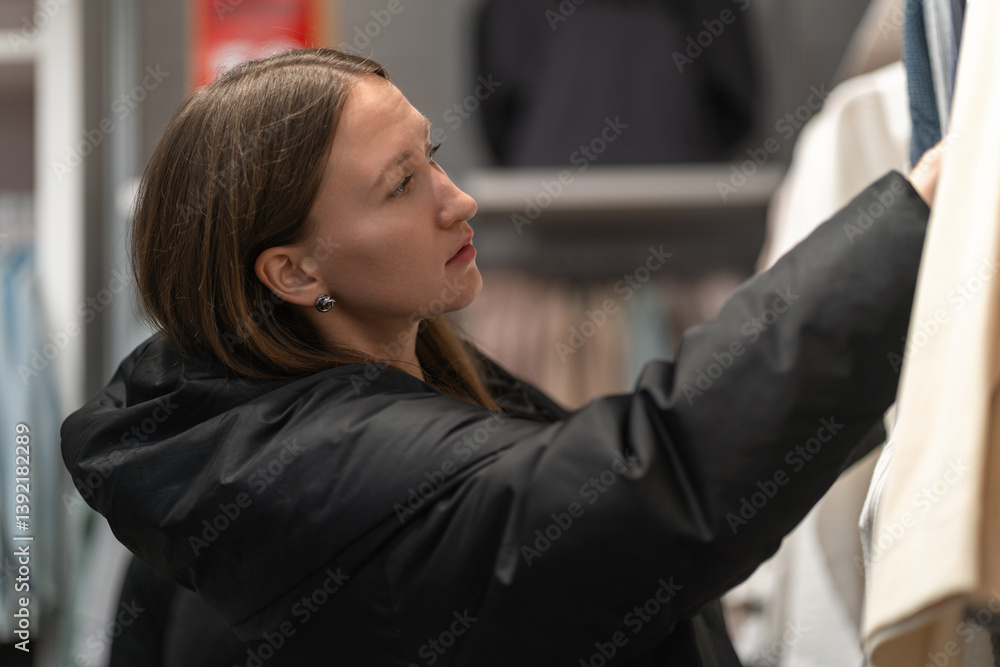 Young woman shopping for clothes, touching garment hanging on rack in fashion store boutique, enjoying retail therapy and making purchasing decision