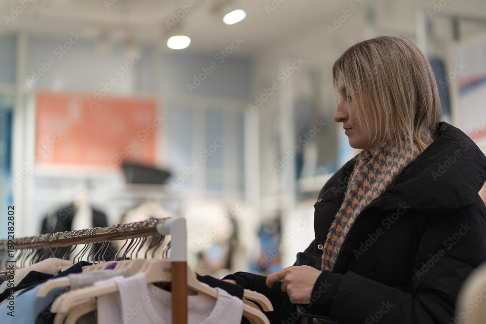 Blonde woman in a stylish black winter coat and a cozy beige scarf is browsing through an array of clothes hanging on a rack inside a trendy fashion store