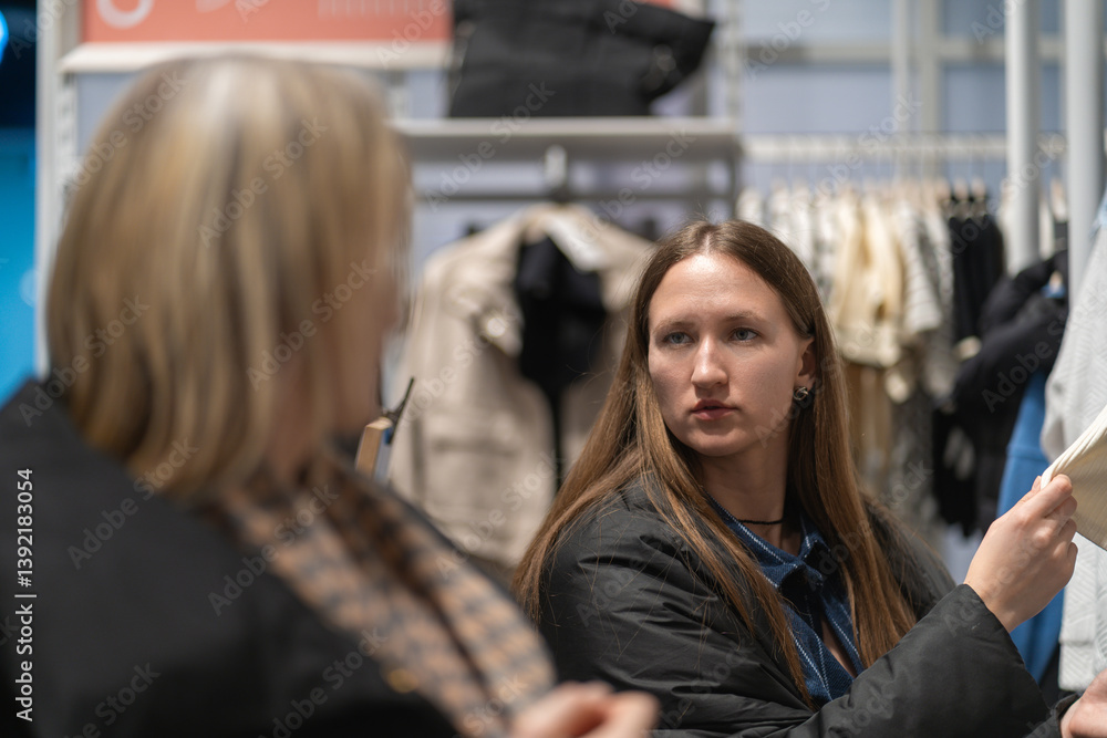 Two young women are discussing future purchases at a clothing store. Two young women are discussing future purchases at a clothing store.