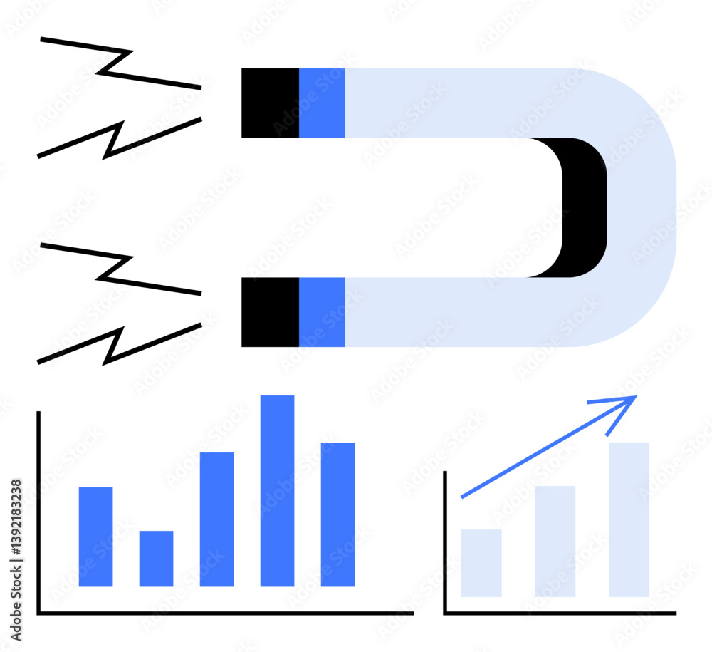 Obraz premium Magnet pulling energy lines, bar chart, and rising graph suggest success, progress, data analytics, marketing, business growth, innovation customer engagement motivation. Flat simple metaphor