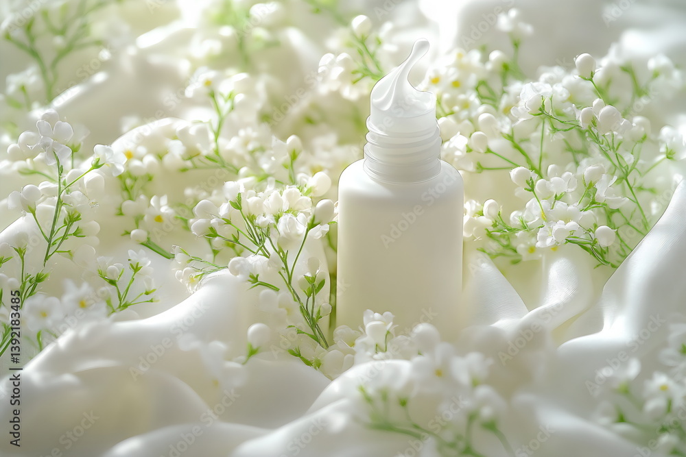 Elegant skincare product in white cosmetic bottle displayed among delicate floral accents and soft fabric for a calming aesthetic Elegant skincare product in white cosmetic bottle displayed among delicate floral accents and soft fabric for a calming aesthetic