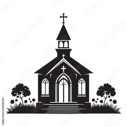 Wooden Mountain Chapel silhouette, perched above the clouds – Chapel illustration – Minimalist chapel vector – Building silhouette

