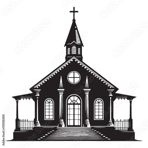 Gothic Revival Chapel silhouette, with pointed arches and spires – Chapel illustration – Minimalist chapel vector – Building silhouette

