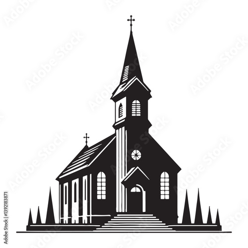Simple Country Chapel silhouette, radiating rustic charm – Chapel illustration – Minimalist chapel vector – Building silhouette

