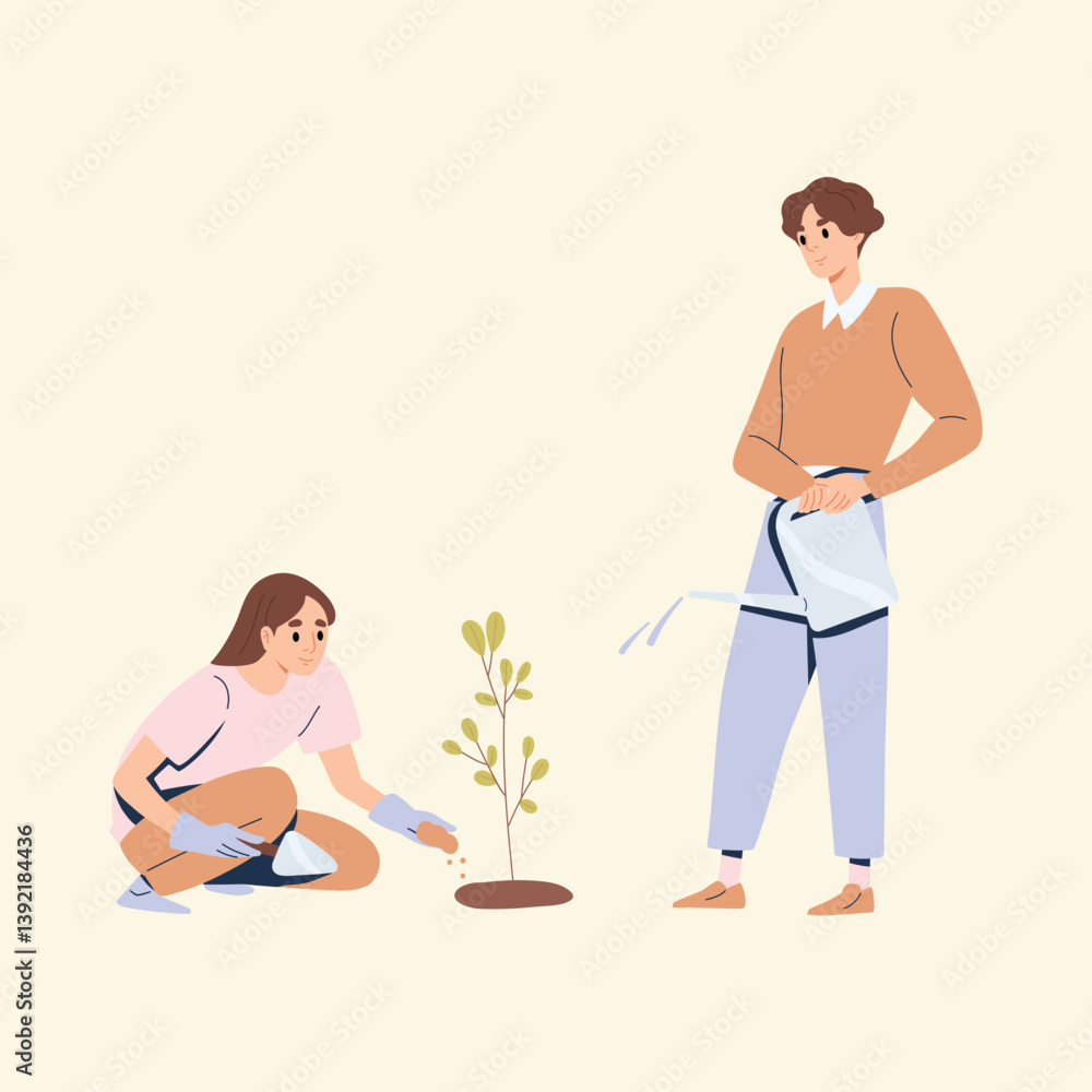 Couple Planting a Small Tree Together. A couple planting a young tree in their backyard, symbolizing growth and sustainability Couple Planting a Small Tree Together. A couple planting a young tree in their backyard, symbolizing growth and sustainability