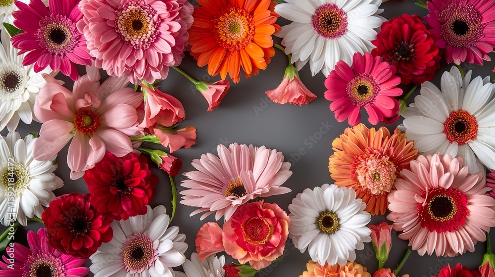 Fototapeta premium A vibrant and beautiful flower arrangement, showcasing a mix of pink, orange, red, and white flowers, forming a captivating frame HD 8K mockup wallpaper Photographic Image