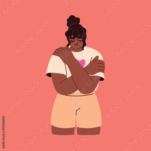 Woman Embracing Herself in Self-Love. A woman hugging herself with warmth and confidence, symbolizing self-care and self-love
