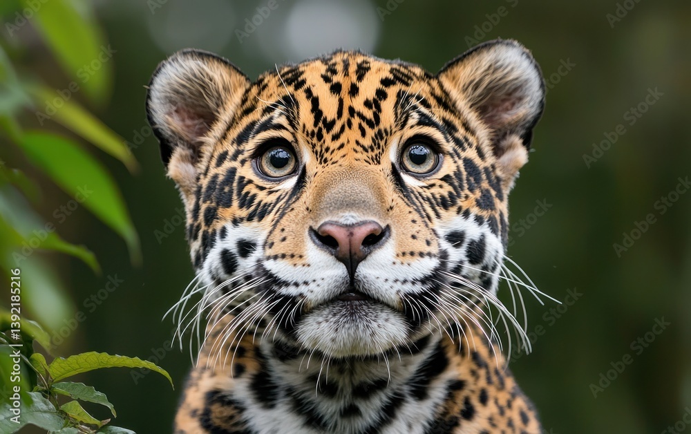 Obraz premium Young Jaguar Portrait in Lush Green Foliage
