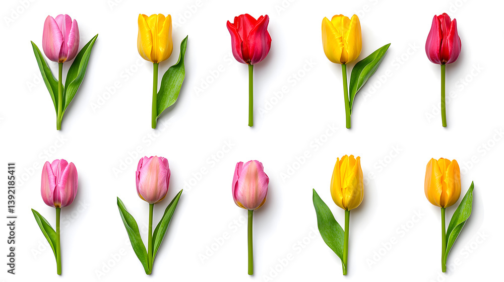 Obraz premium Collection of fresh colorful tulip flowers bouquet isolated on white background