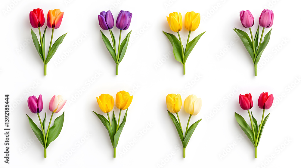 Obraz premium Collection of fresh colorful tulip flowers bouquet isolated on white background