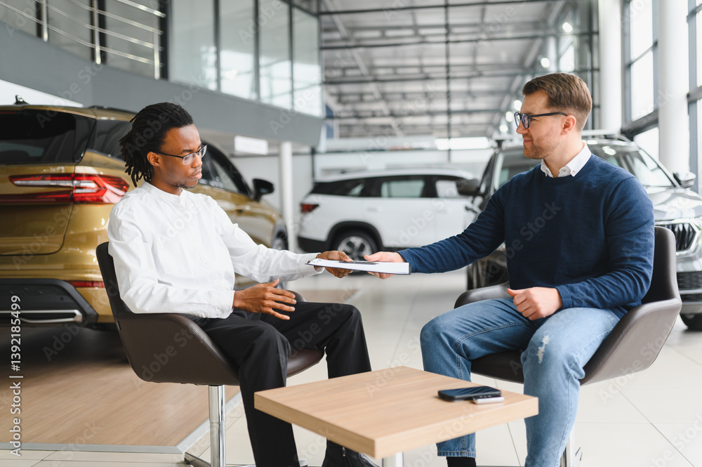 caucasian sales agent and african customer man shaking hands in dealership, they agreed on the sale caucasian sales agent and african customer man shaking hands in dealership, they agreed on the sale
