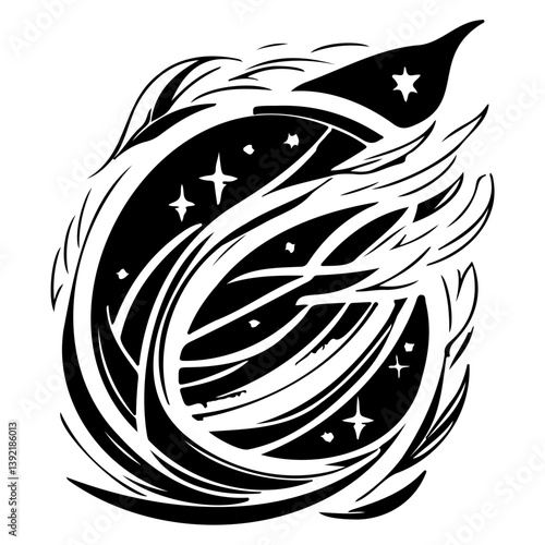 Stylized celestial emblem with swirling elements and astral embellishments