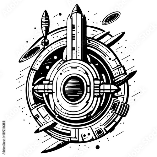 Elaborate abstract drawing featuring space travel themes with cosmic elements
