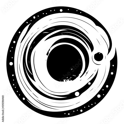 Abstract swirling cosmos portrayal, monochrome illustration with celestial body