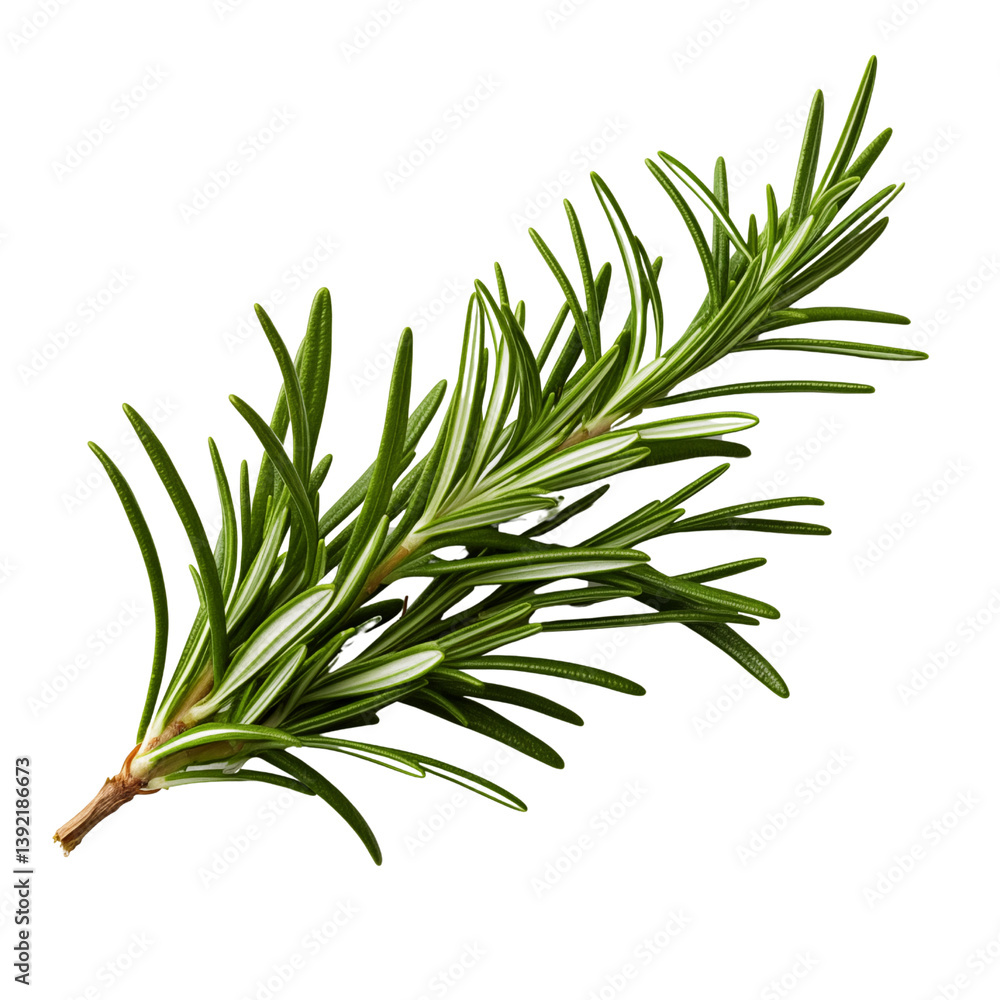 Fototapeta premium Fresh rosemary sprig isolated on transparent background, culinary herb with vivid green needles, aromatic and organic, ideal for food packaging, design, health or natural remedies use
