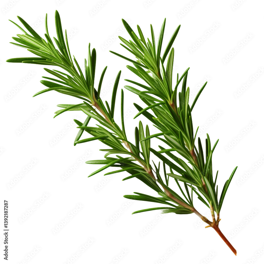 Organic rosemary branch with vibrant green needle leaves, isolated for design and culinary visuals, perfect for healthy food, herbal medicine, and nature-based branding content Organic rosemary branch with vibrant green needle leaves, isolated for design and culinary visuals, perfect for healthy food, herbal medicine, and nature-based branding content