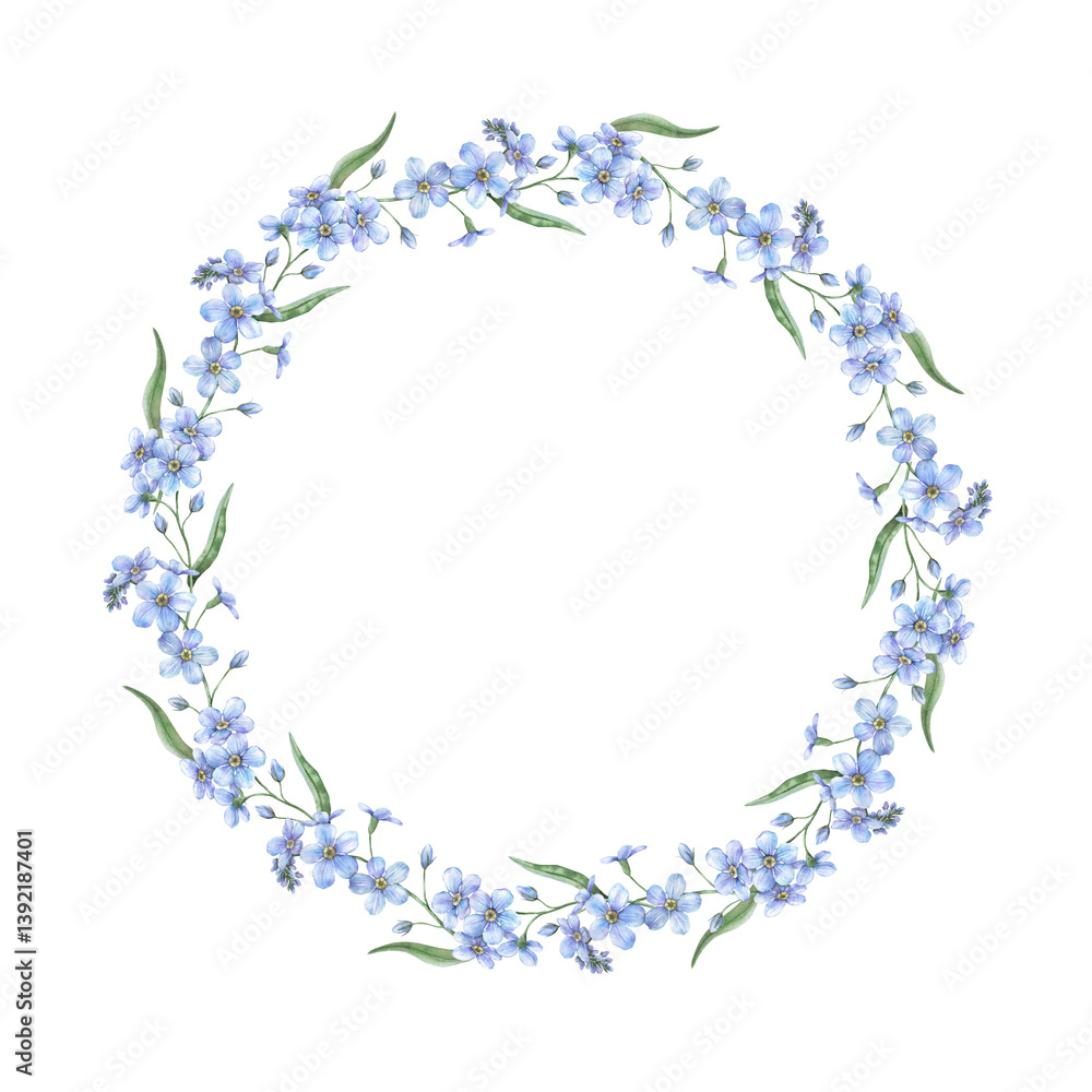 Light blue beautiful forget-me-not wreath. Delicate botanical watercolor wreath is perfect for greeting cards, wedding invitations, branding, packaging and spring design, eco-packaging, scrapbooking. Light blue beautiful forget-me-not wreath. Delicate botanical watercolor wreath is perfect for greeting cards, wedding invitations, branding, packaging and spring design, eco-packaging, scrapbooking.