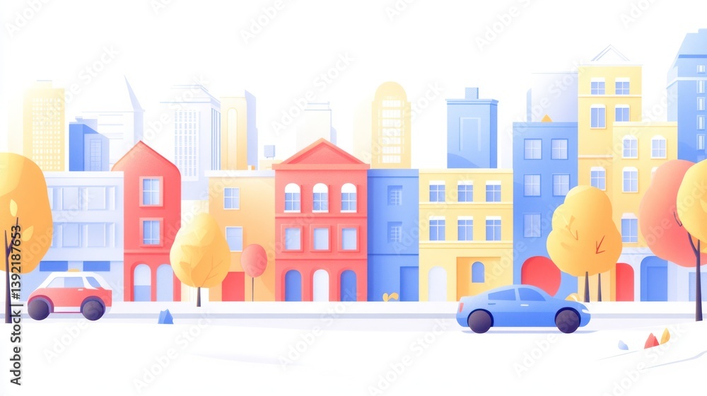 Colorful city street scene, autumn day, urban landscape, illustration, background, stock photo Colorful city street scene, autumn day, urban landscape, illustration, background, stock photo