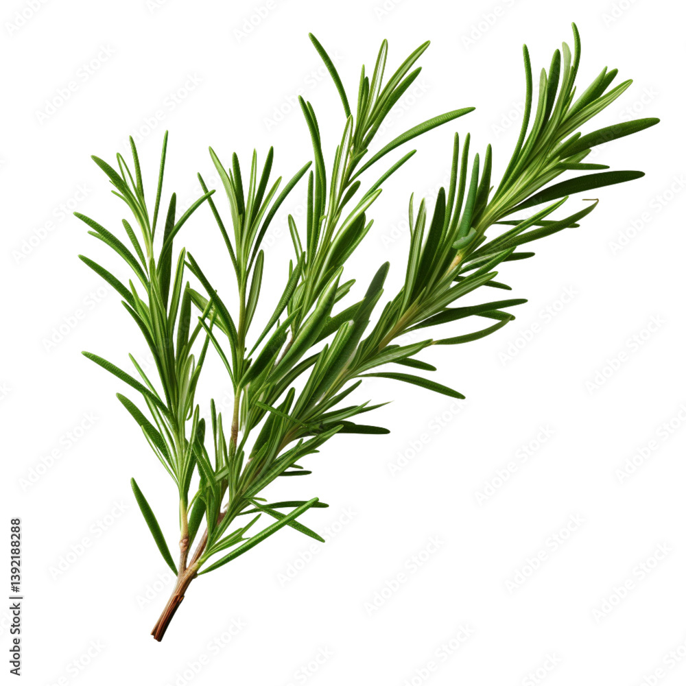 Fototapeta premium Organic rosemary branch with vibrant green needle leaves, isolated for design and culinary visuals, perfect for healthy food, herbal medicine, and nature-based branding content