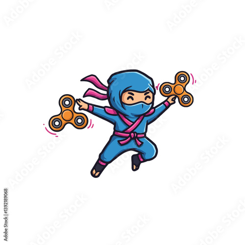 Ninja with Fidget Spinners Cartoon Illustration