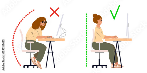 Correct good position vs bad incorrect posture for sitting at computer desk. Deterioration of vision. Right and wrong back, neck and legs poses of woman at workplace. Vector illustration.
