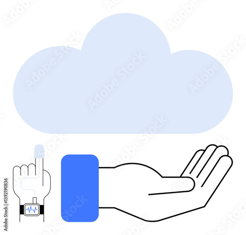 Large cloud above two hands representing technology, sharing, and care. Finger with wearable pointing at the cloud symbolizes healthcare, connectivity, and innovation. Ideal for technology, cloud