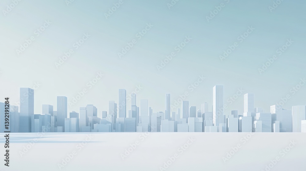 Minimalist city skyline, day, plain background, 3D model, use in architecture, design, or technology presentations Minimalist city skyline, day, plain background, 3D model, use in architecture, design, or technology presentations
