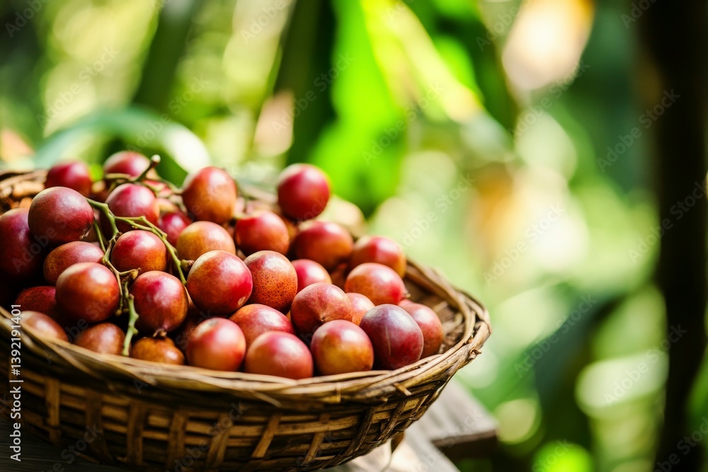 Rustic basket filled with camu-camu fruits, Myrciaria dubia on a market table, rainforest setting, vibrant organic vibes Rustic basket filled with camu-camu fruits, Myrciaria dubia on a market table, rainforest setting, vibrant organic vibes