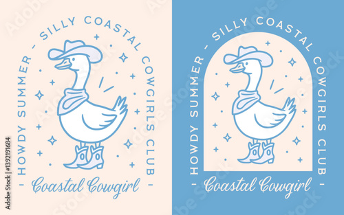 Coastal cowgirl club silly goose squad west coast girly aesthetic country girl howdy summer quotes sticker. Retro vintage pastel blue boots cowboy hat printable women girls trip matching shirt design.