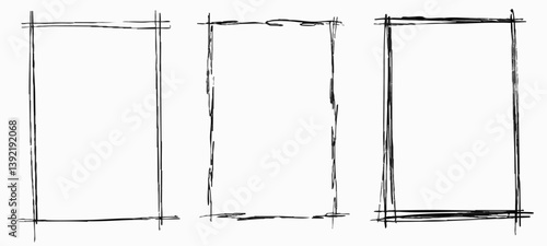 Three black charcoal frames, sketched empty borders for texts and images, freehand graphic design elements. Vector illustration.
