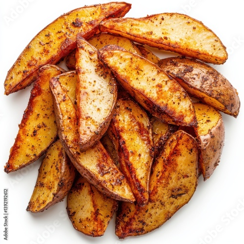 Pile of seasoned potato wedges arranged on a plain white surface view from top