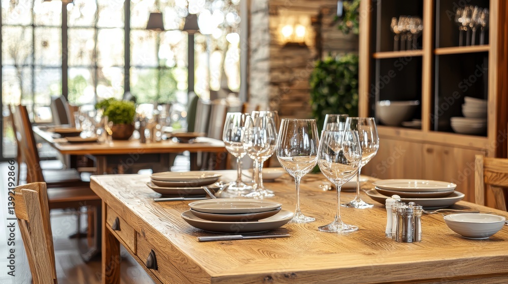 Elegant Dining Table Setup with Wine Glasses Plates and Wooden Accents in Bright Restaurant Interior