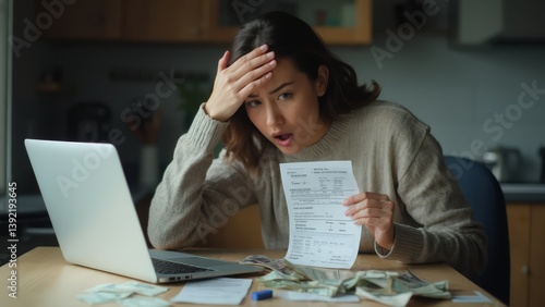 Shocked hispanic female adult reviewing financial document at home with laptop