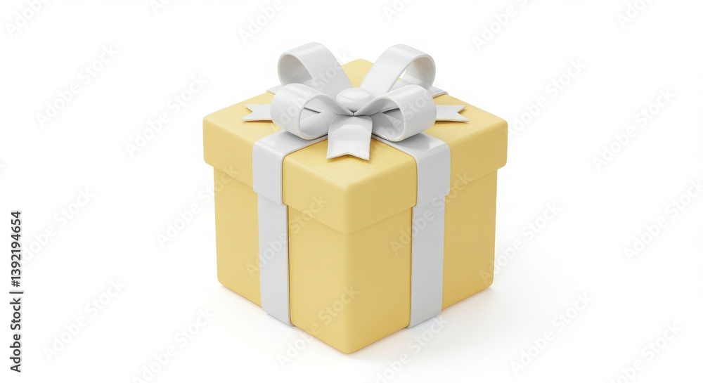 Obraz premium A photorealistic 3D rendering of a soft yellow pastel gift box with a glossy finish and pristine white ribbon tied in a symmetrical bow against a minimalist white background