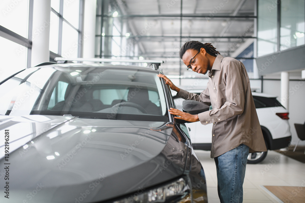 Young african american man is choosing a new vehicle in car dealership Young african american man is choosing a new vehicle in car dealership