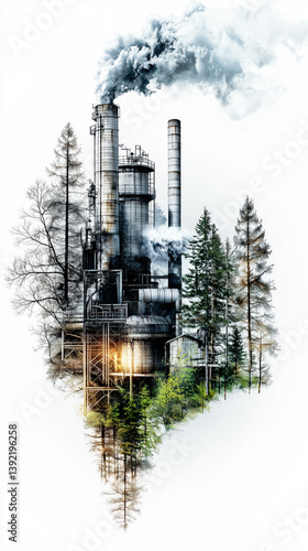 Industrial pollution concept showing factory emissions contrasted with forest trees and reflection.