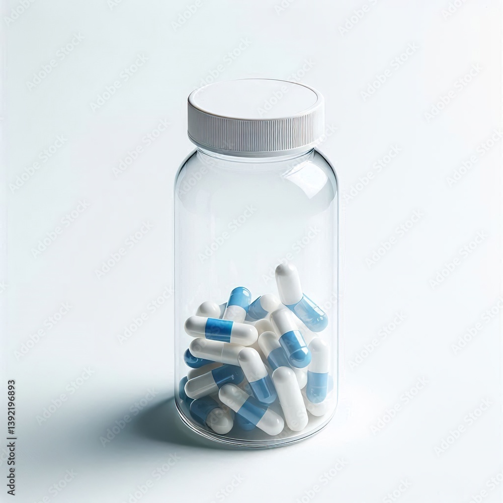 Clear vitamin bottle with a white, smooth cap. The bottle is filled to the top with blue and white capsules on a white background Clear vitamin bottle with a white, smooth cap. The bottle is filled to the top with blue and white capsules on a white background