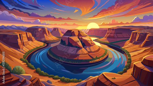 Panoramic sunset view of horse shoes bend of the Colorado River located near the town of Page, Arizona, United States