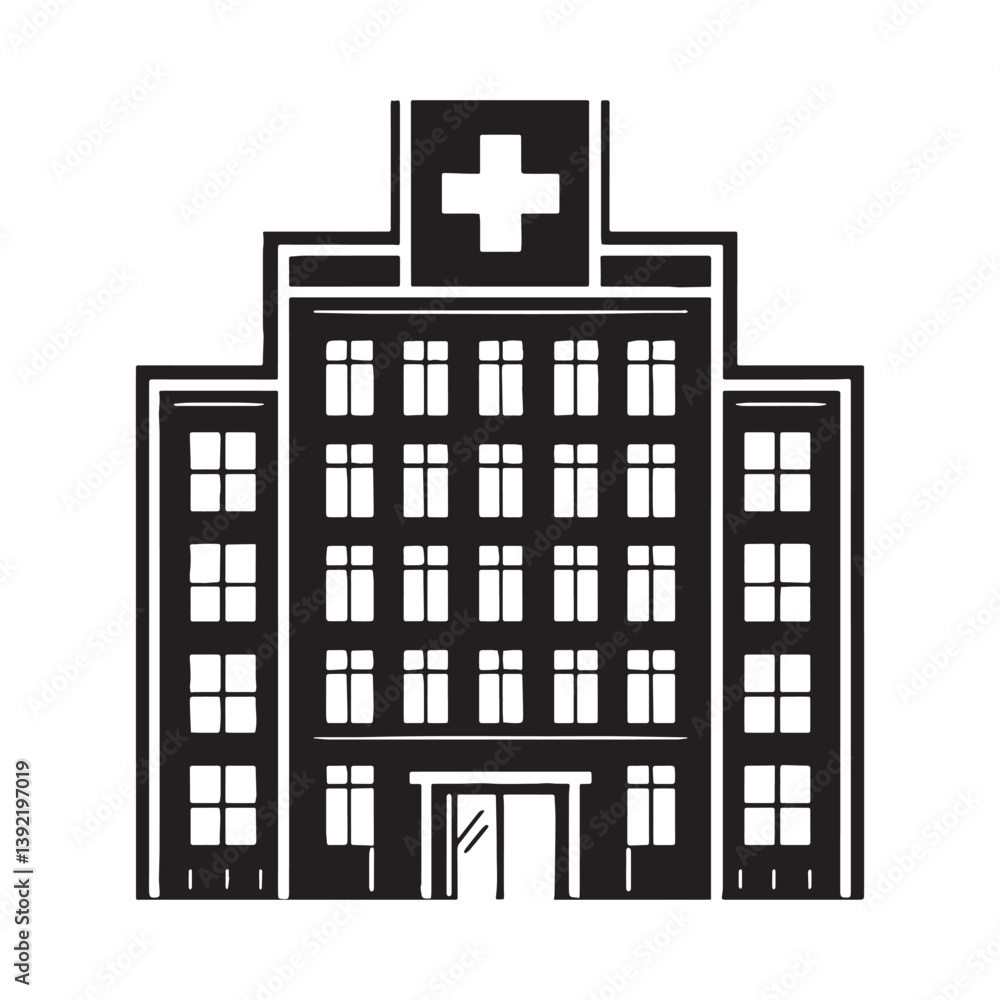 Fototapeta premium Sleek Hospital silhouette, embodying modern medicine and healing environments – Hospital illustration – Minimalist hospital vector – Building silhouette