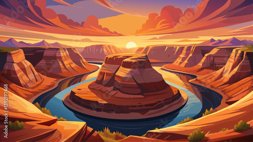 Panoramic sunset view of horse shoes bend of the Colorado River located near the town of Page, Arizona, United States