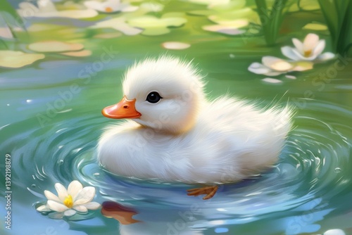 Obraz na płótnie fluffy duckling floating on serene pond with bright green reflections and white flowers. peaceful and cute spring nature scene. greeting card, nursery decor, springtime poster design. w salonie
