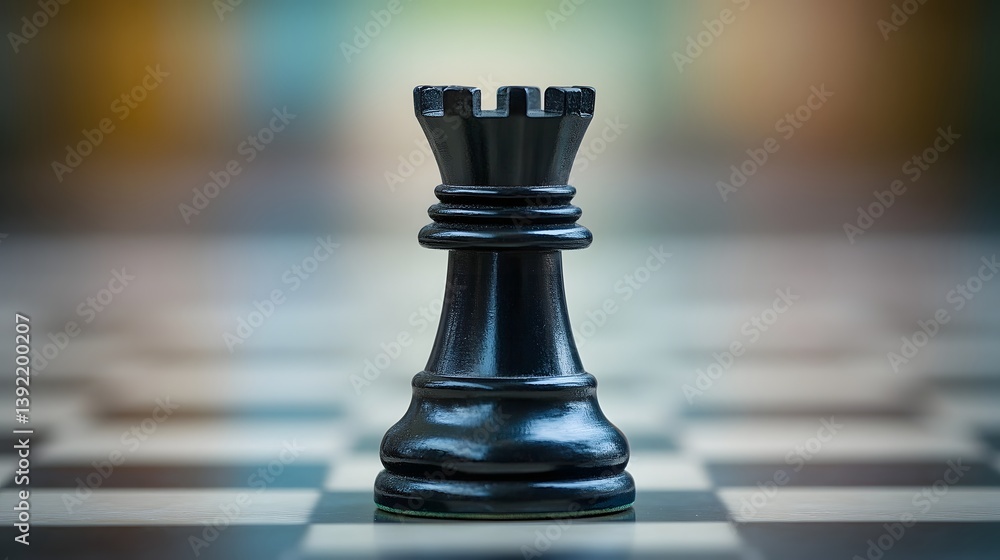 Close-up of a sturdy rook chess piece on a chessboard Close-up of a sturdy rook chess piece on a chessboard