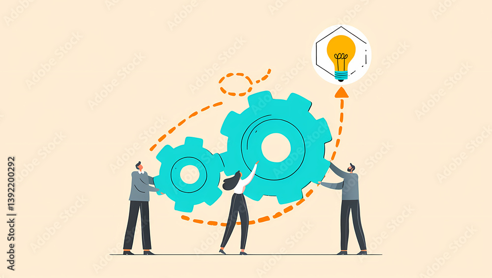 Illustration of a group of people assembling gears and connecting them to a lightbulb, symbolizing teamwork and innovation.
Illustration of a group of people assembling gears and connecting them to a lightbulb, symbolizing teamwork and innovation.