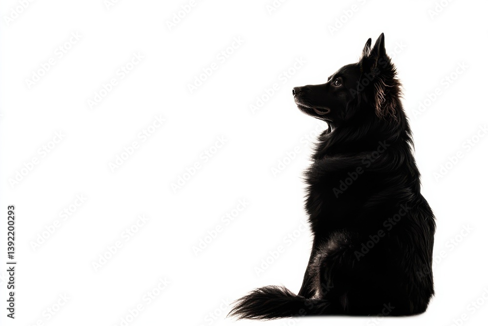 Fototapeta premium Majestic black dog silhouette sitting isolated on white dramatic lighting intense gaze powerful isolated on transparent background