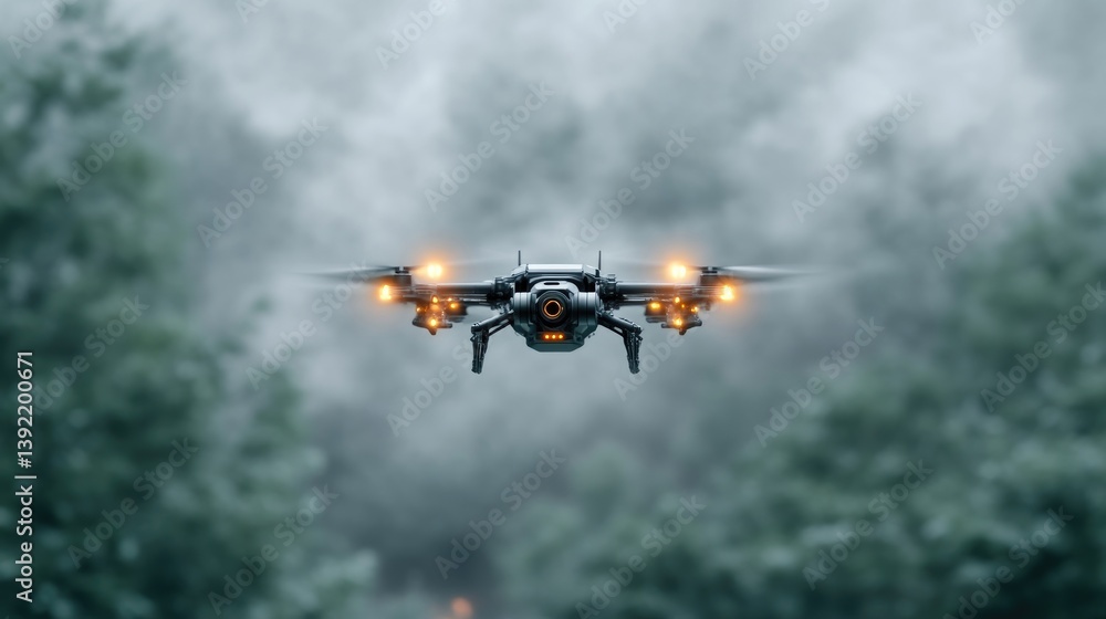 Fototapeta premium Drone flying through misty forest